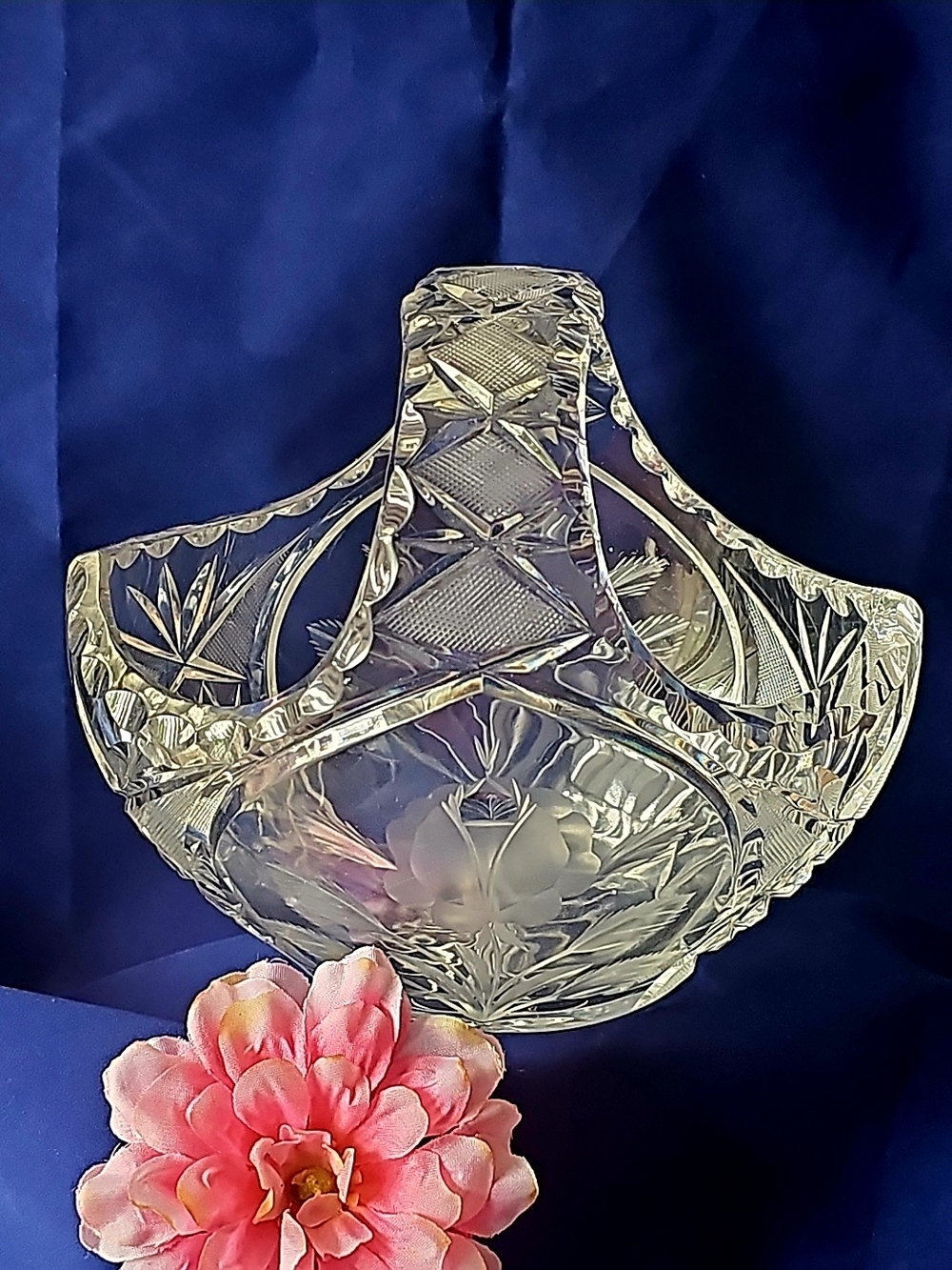Crystal Cut Bridal 7" Heavy Glass Basket / Candy Dish with Etched Floral Design
